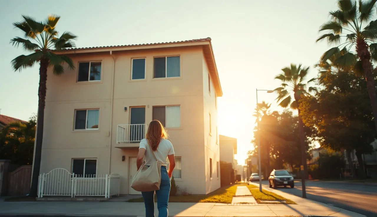Affordable apartment building in Los Angeles with a resident walking toward the entrance