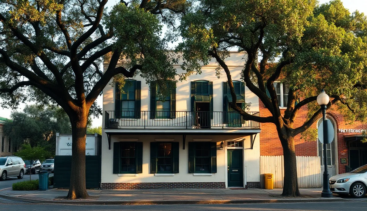 Quiet New Orleans apartment building exterior under oak trees on sunny afternoon