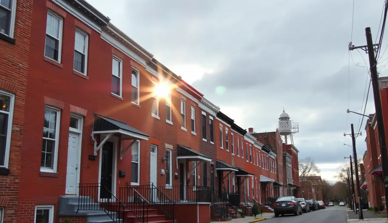 Red-brick rowhouses on a quiet Baltimore residential street under afternoon light