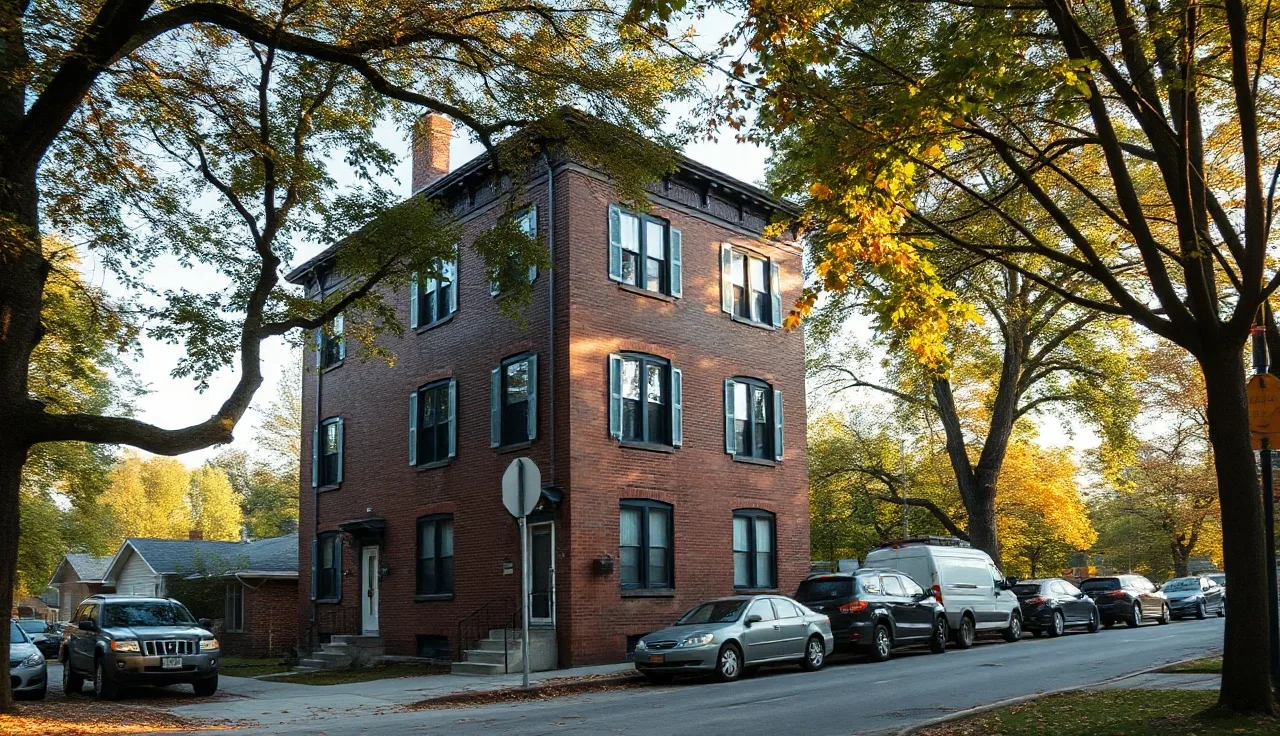 Brick apartment building on a quiet Michigan residential street in autumn