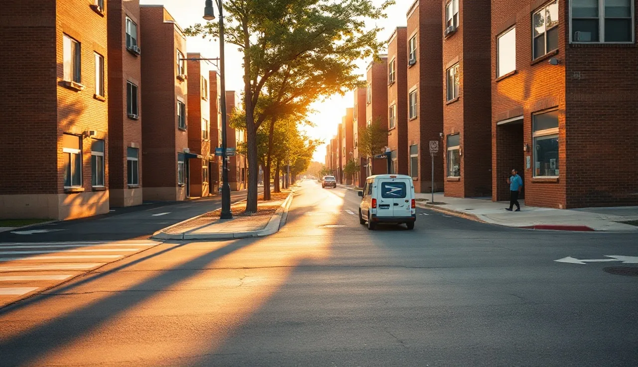 Brick apartment buildings on a Missouri city street at golden hour