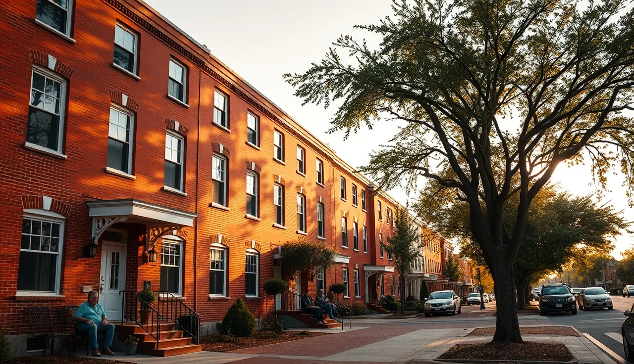 Brick apartment building on a tree-lined NC street in afternoon light