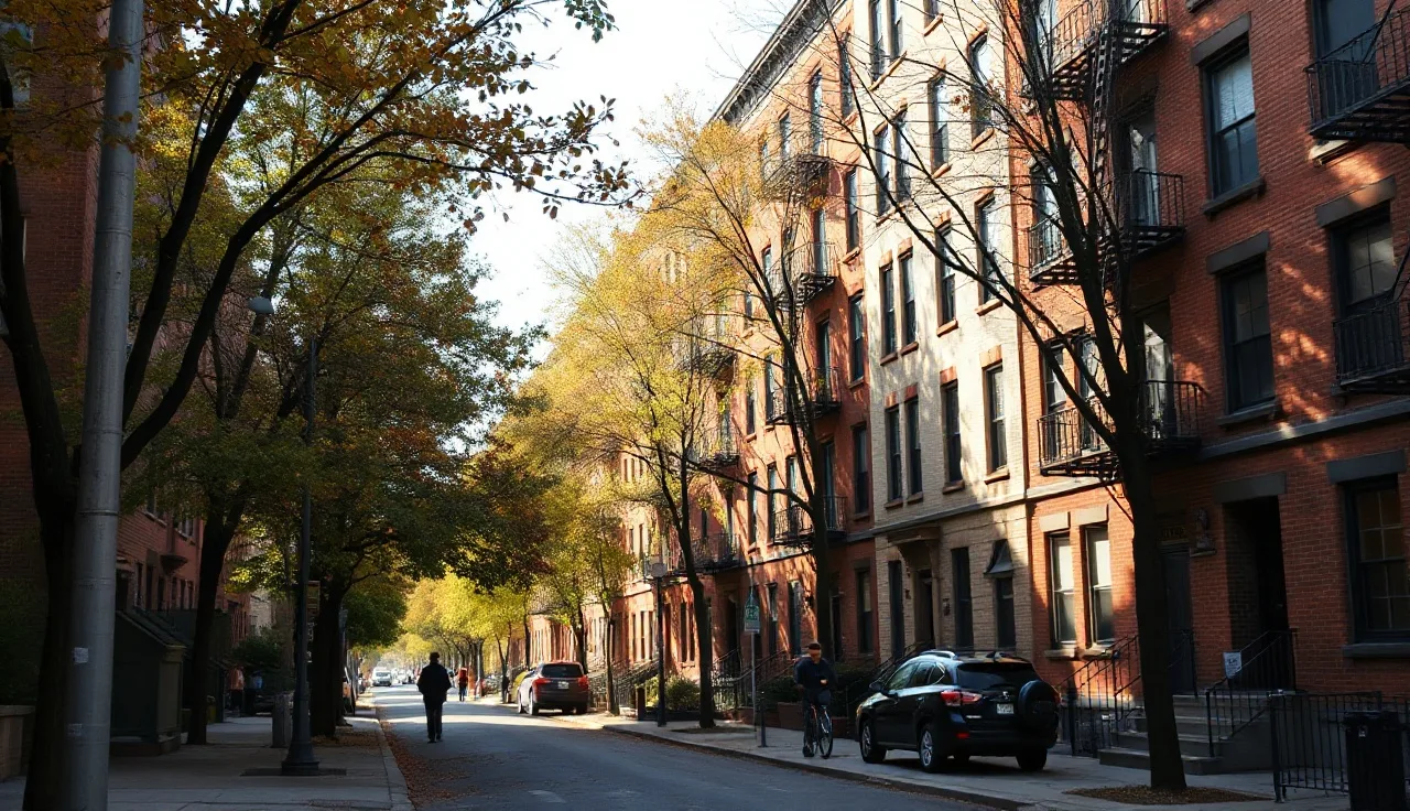 Brick apartment buildings on a quiet New York City residential street in autumn afternoon light