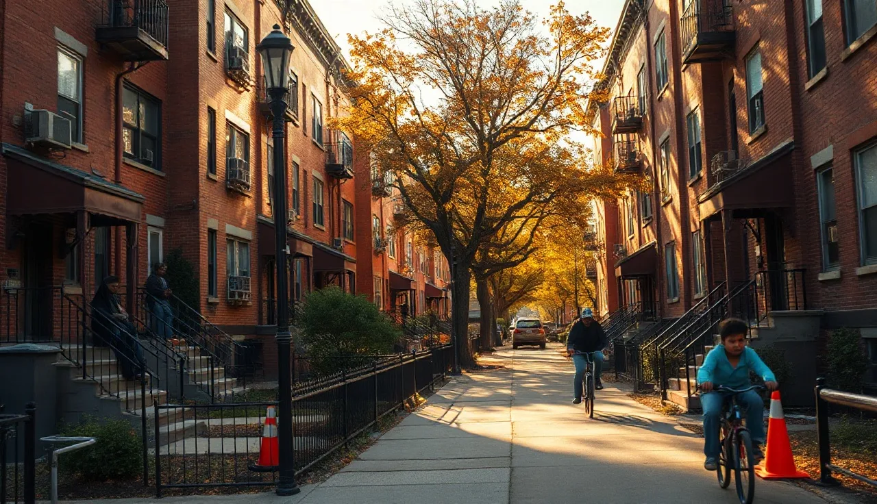 Red-brick apartment buildings in the Bronx with residents on stoops in afternoon light