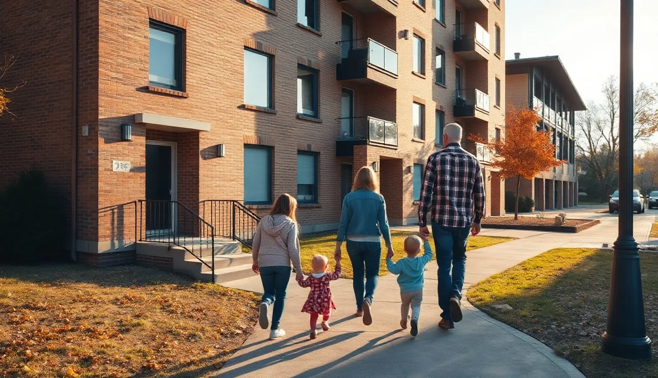 Family walking toward an apartment building entrance in an Ohio neighborhood