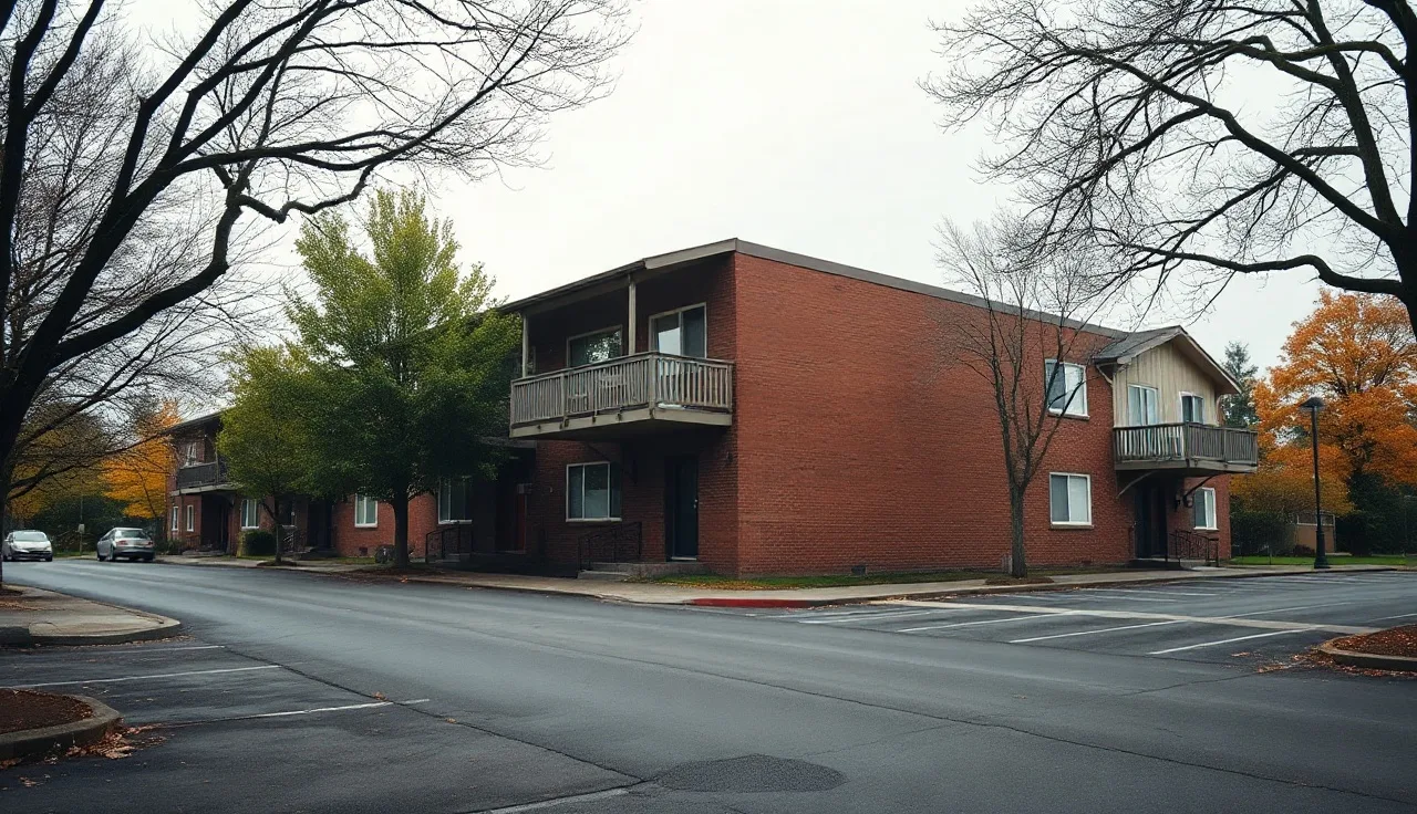 Modest apartment building on a quiet Portland Oregon residential street in morning light