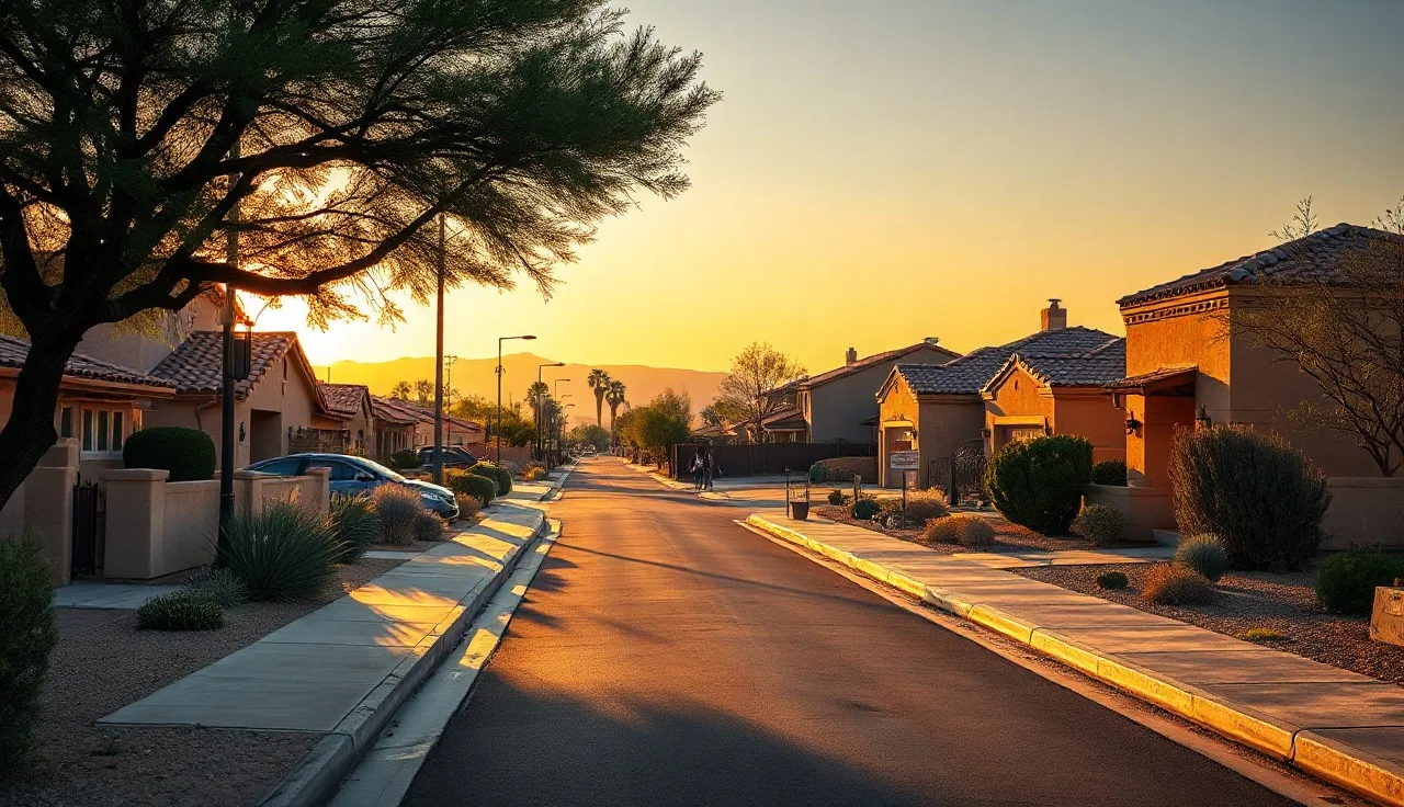 Phoenix residential street with adobe-style homes at golden hour