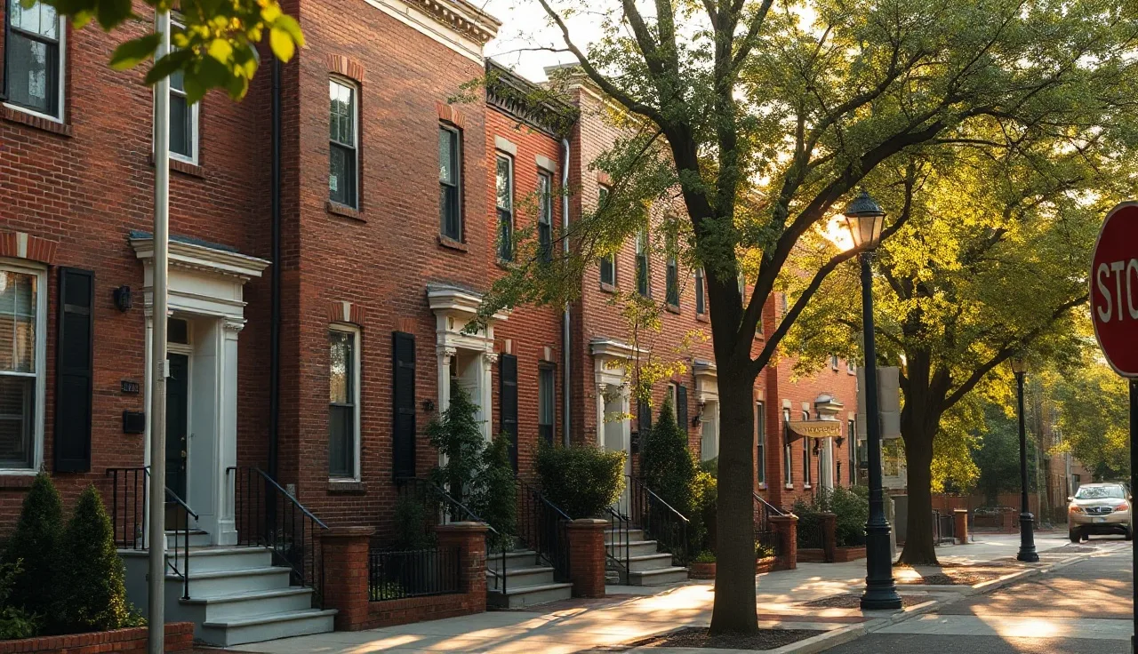Brick rowhouses on a tree-lined Washington DC residential street in morning light