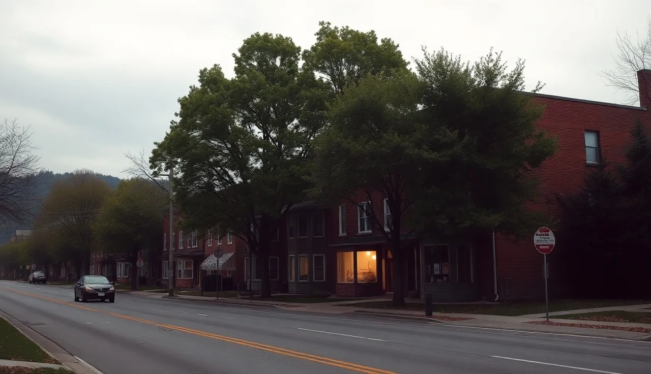 Brick apartment buildings on a residential street in a West Virginia town