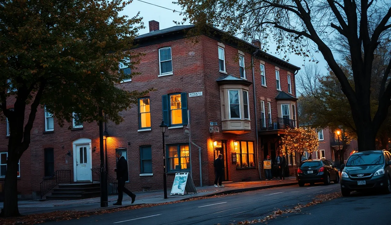 Brick apartment buildings on a Port Chester street in Westchester County at dusk