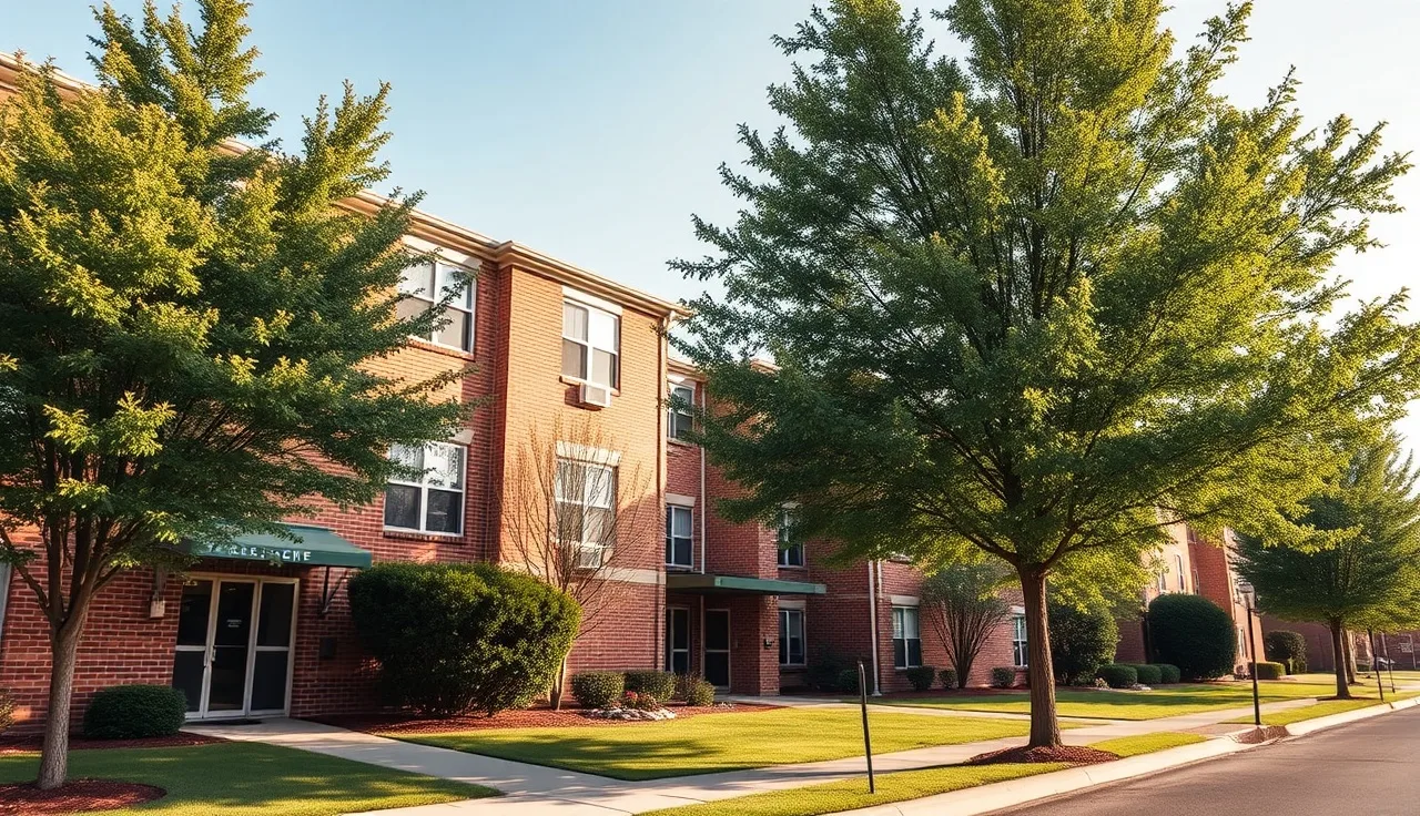 Brick apartment complex exterior in Huntsville Alabama with tree-lined sidewalk