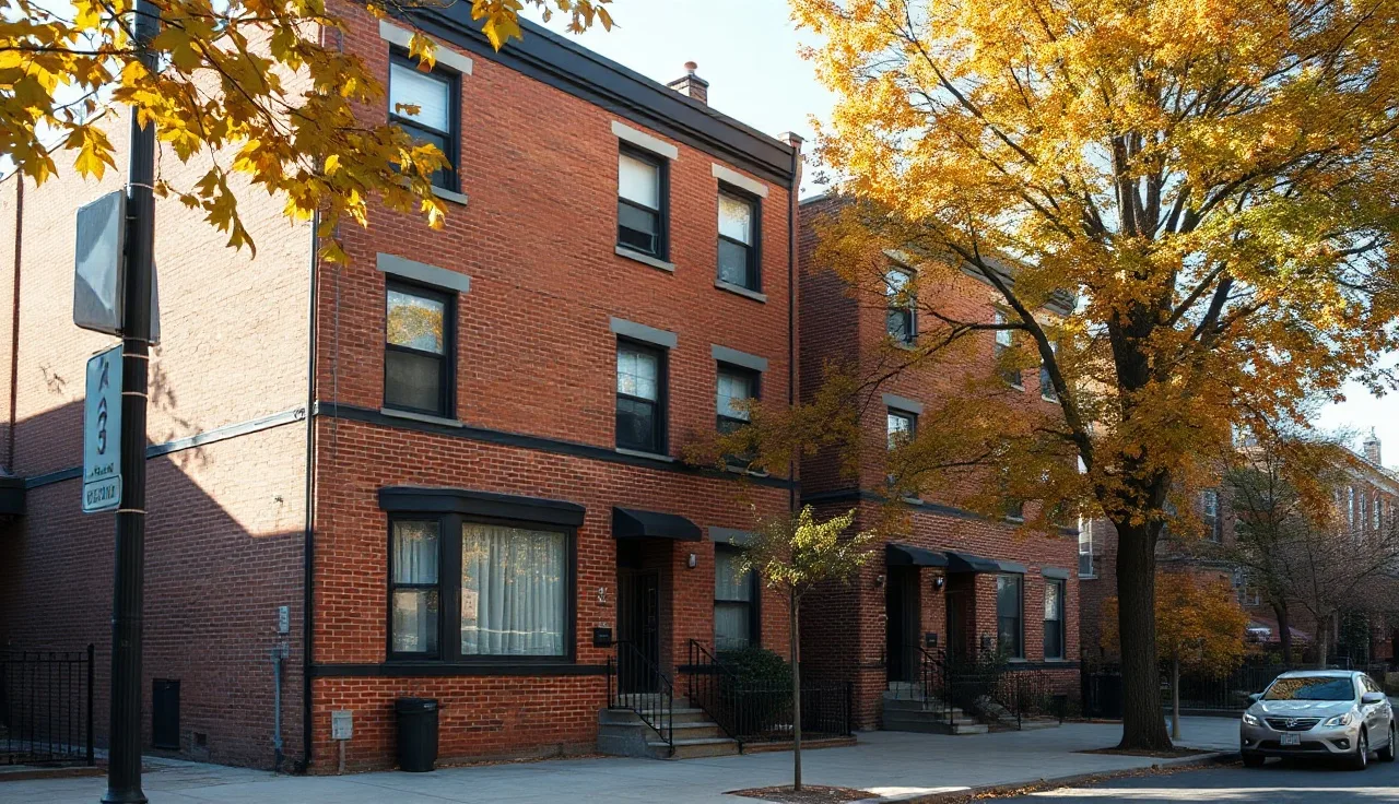 Chicago two-flat apartment building on a tree-lined street in autumn light