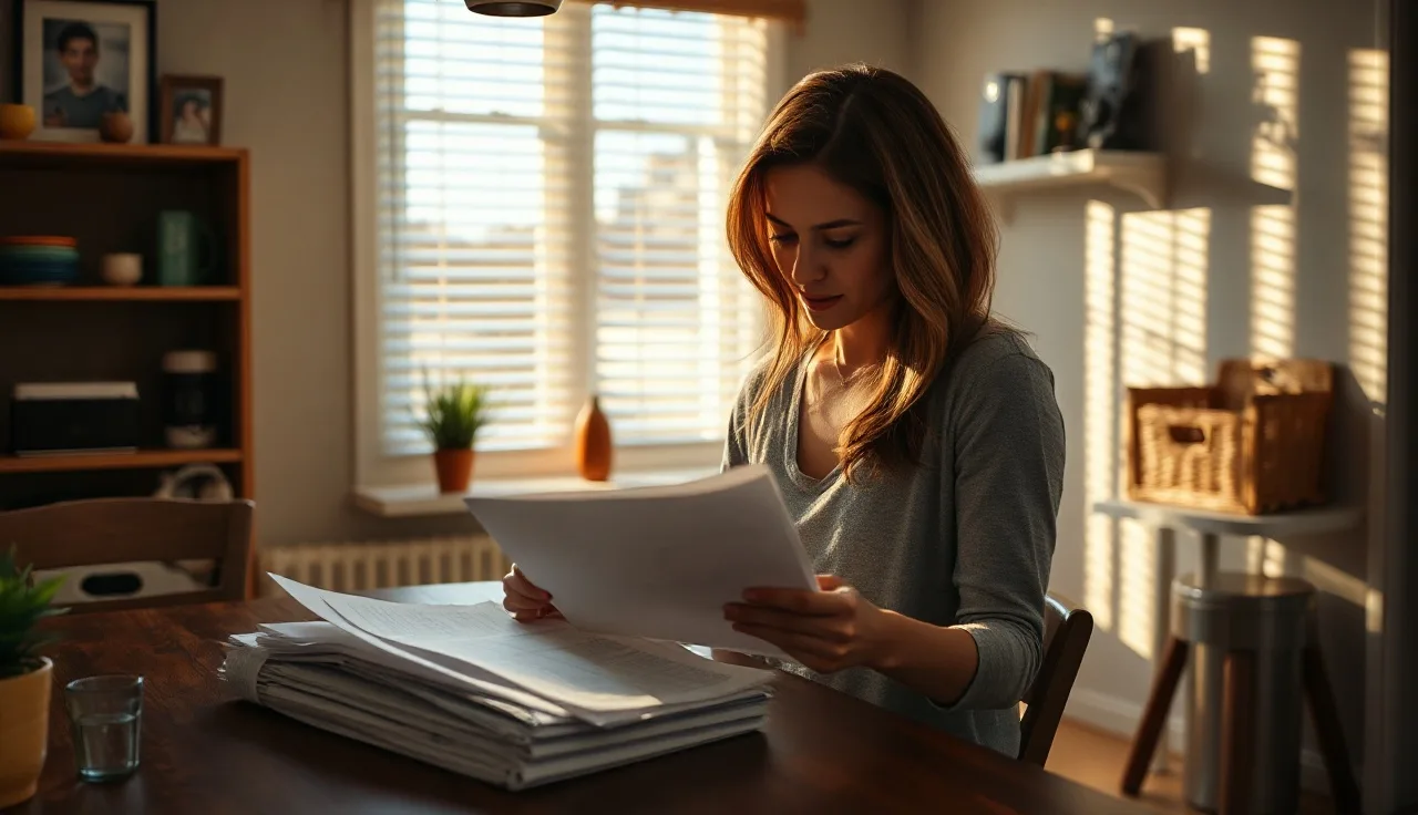 Woman reviewing rental assistance paperwork at kitchen table in Chicago apartment