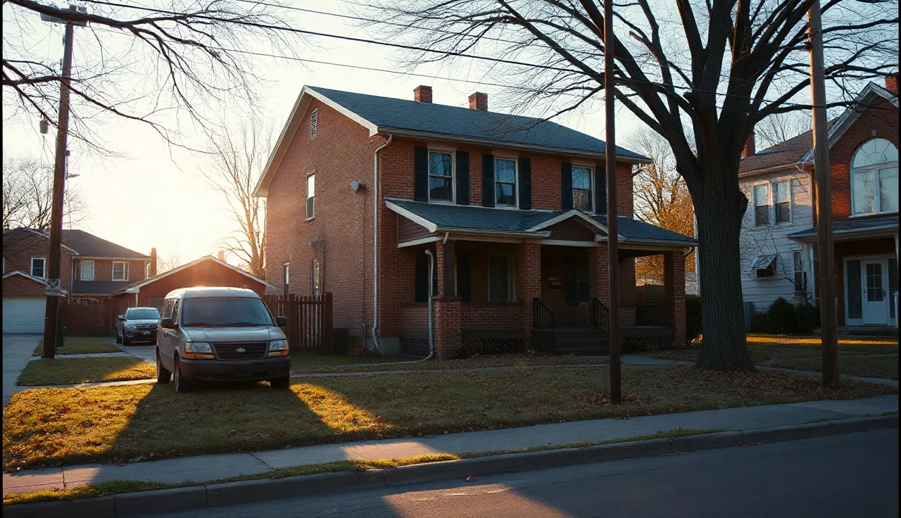 Brick rental house on a Midwest residential street in late afternoon light