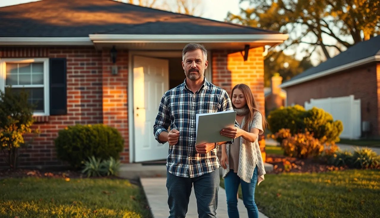 Family with documents outside a brick Indiana rental home at dusk