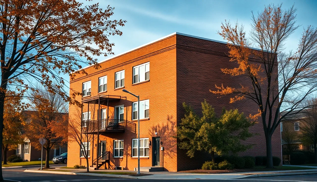 Brick apartment building on a quiet Peoria Illinois residential street in autumn