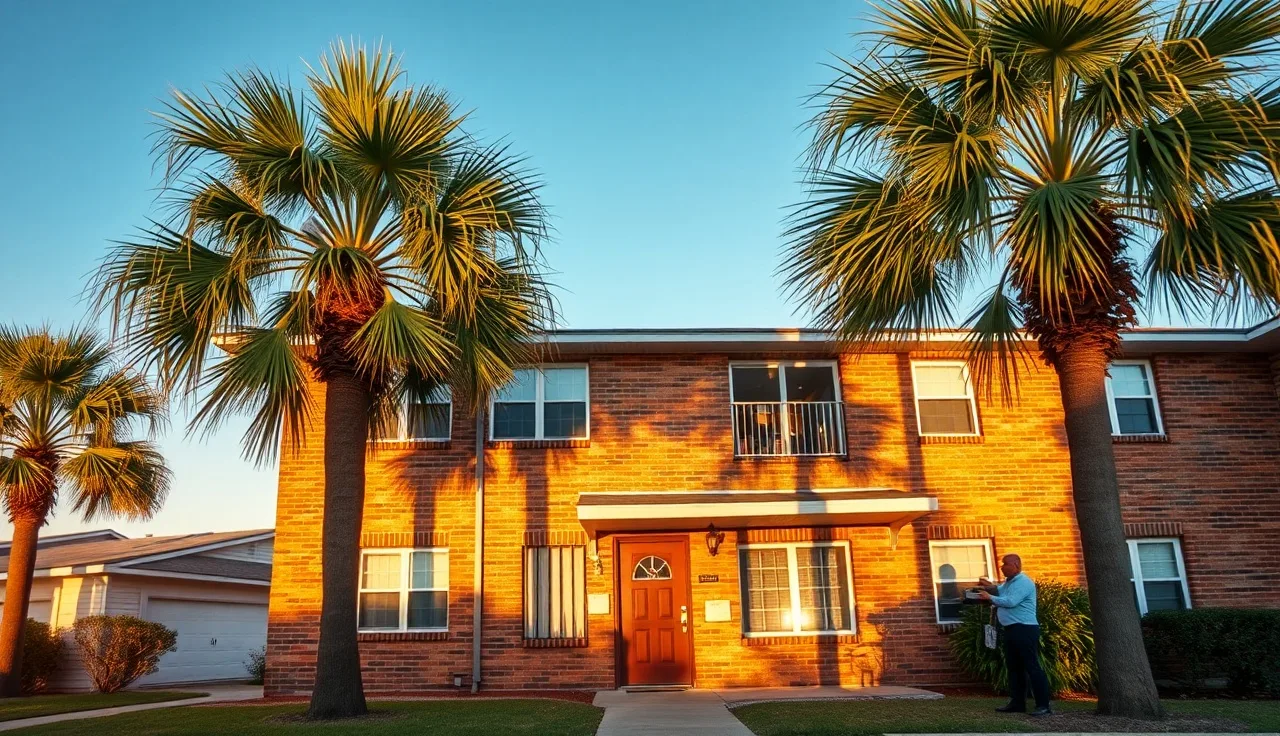 Brick apartment building in Jacksonville Florida with palm trees and a resident at the mailbox