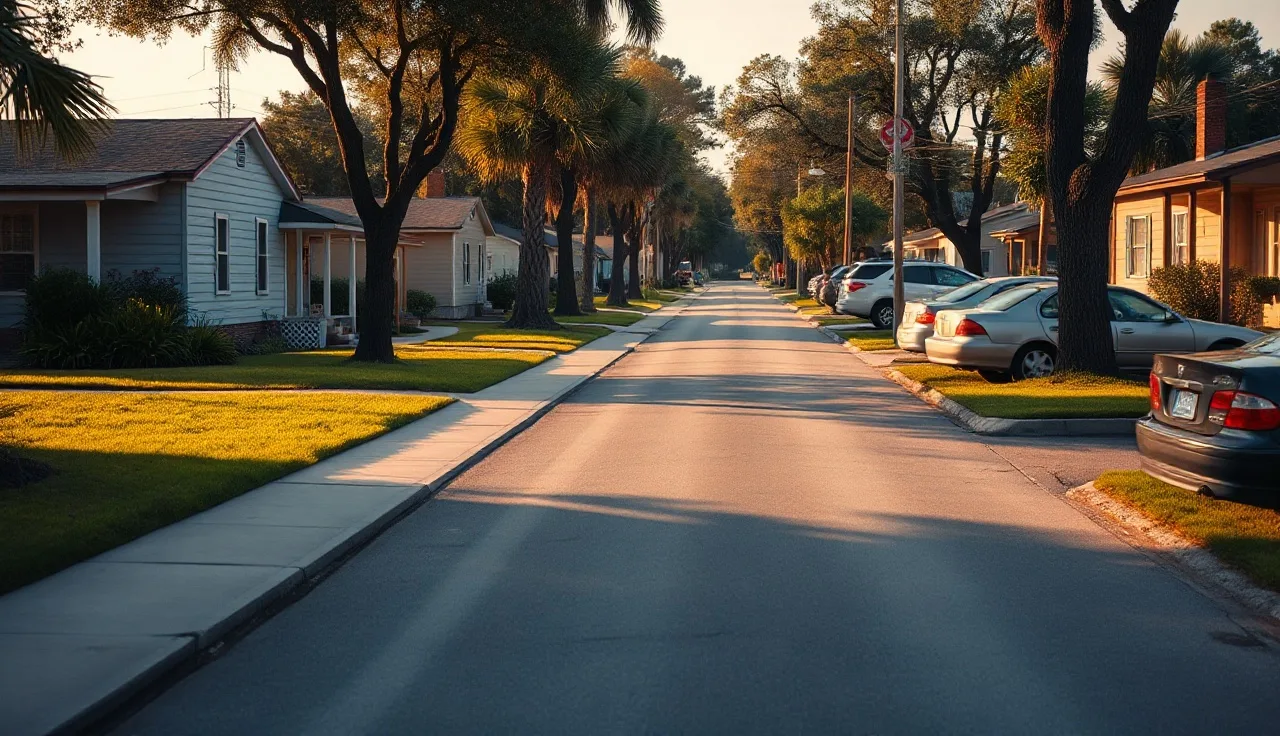 Quiet Jacksonville residential street with modest single-family homes at golden hour
