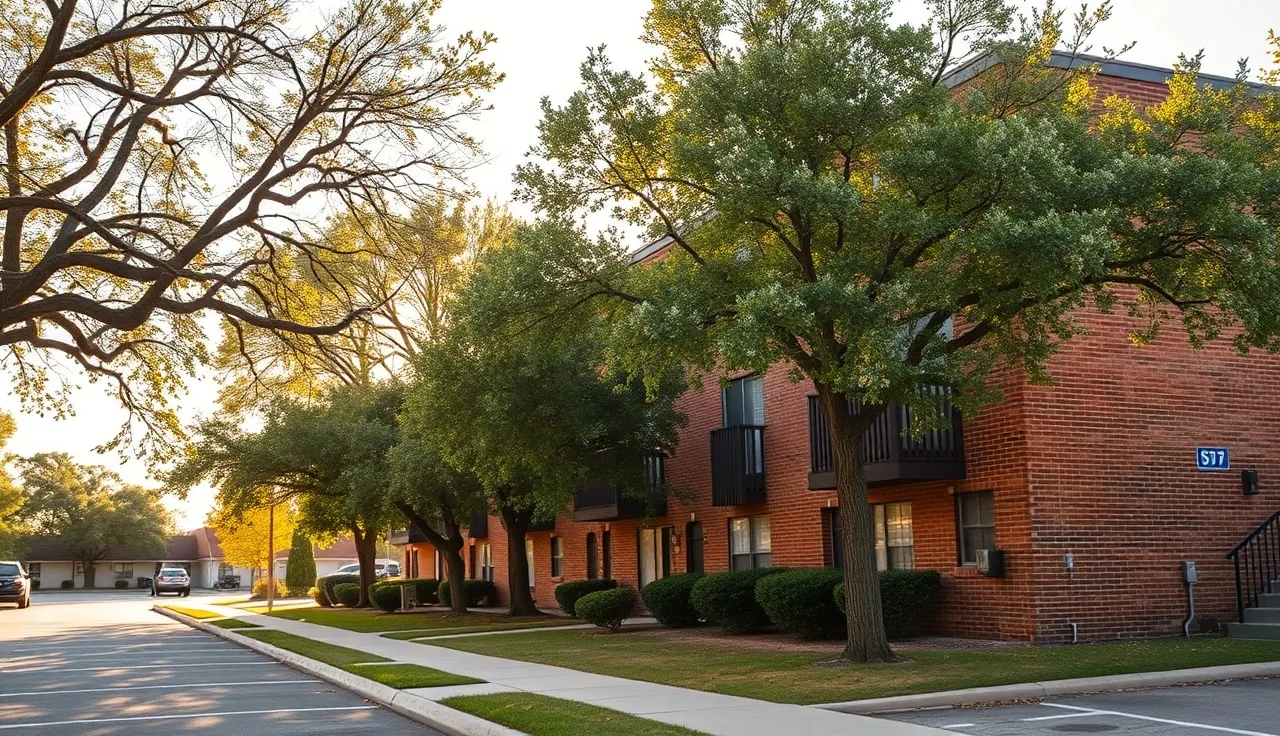 Brick apartment building in Jonesboro Arkansas on a sunny afternoon with oak trees