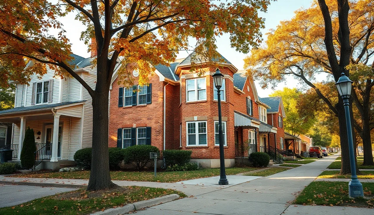 Brick rental house on a Kansas City residential street in autumn afternoon light