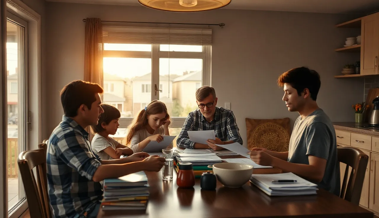 Family at kitchen table reviewing housing documents in Louisville Kentucky apartment