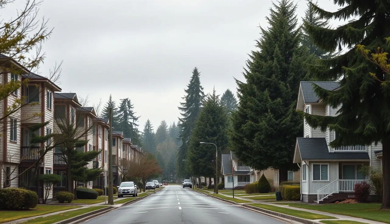 Suburban King County residential street with apartments and evergreen trees on an overcast morning