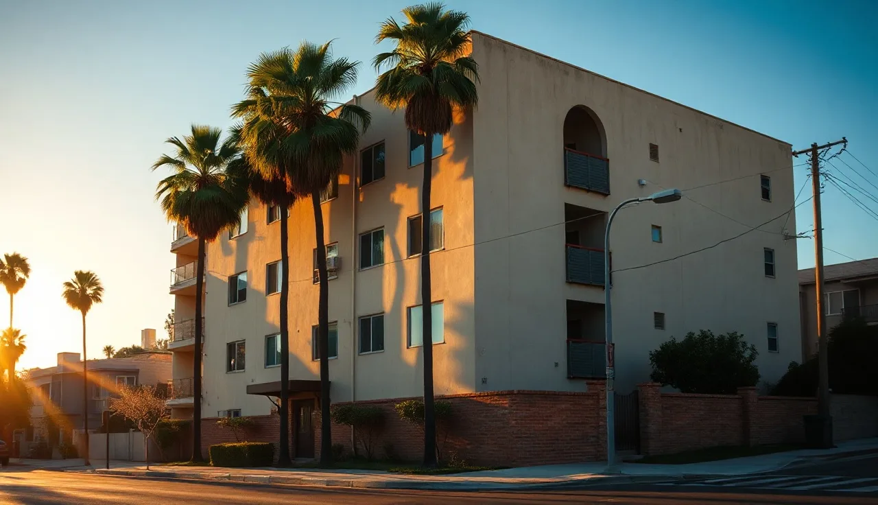 Sunlit apartment building exterior in a Los Angeles residential neighborhood at golden hour