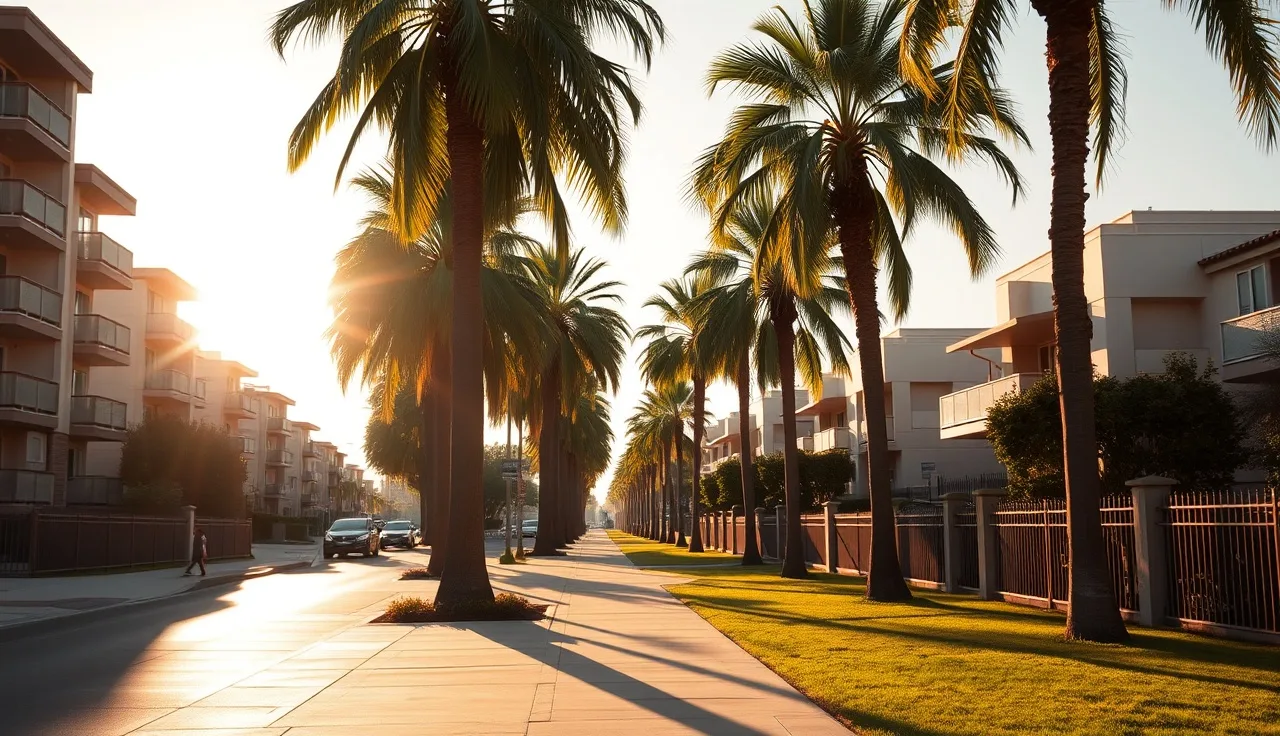 Sunlit LA apartment buildings on a quiet residential street with palm trees