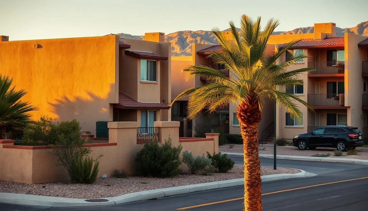 Las Vegas apartment complex exterior in warm desert afternoon light