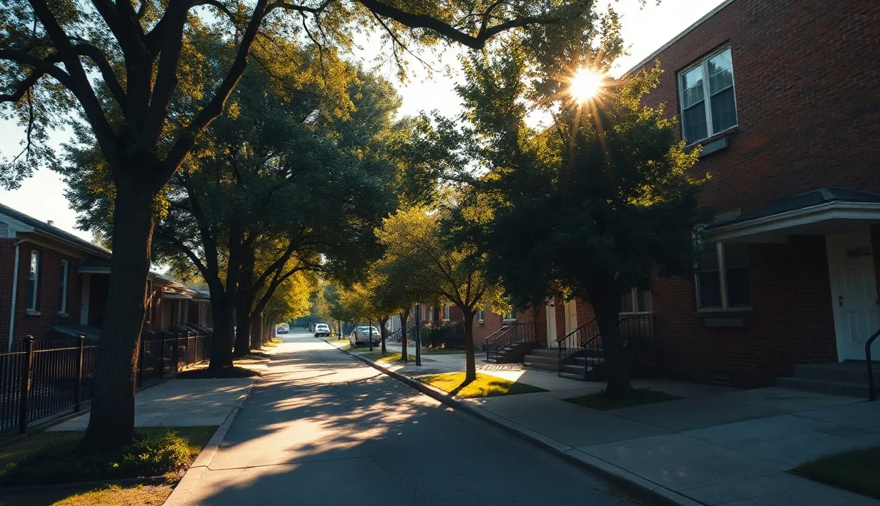 Brick apartment building on a tree-lined Lexington Kentucky street in afternoon light
