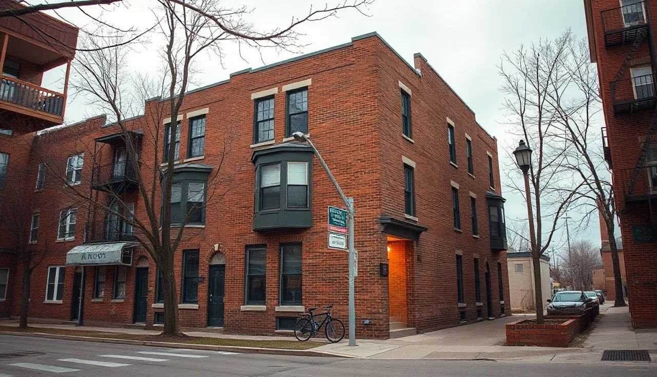 Brick apartment building in Lincoln Nebraska neighborhood on a cloudy morning