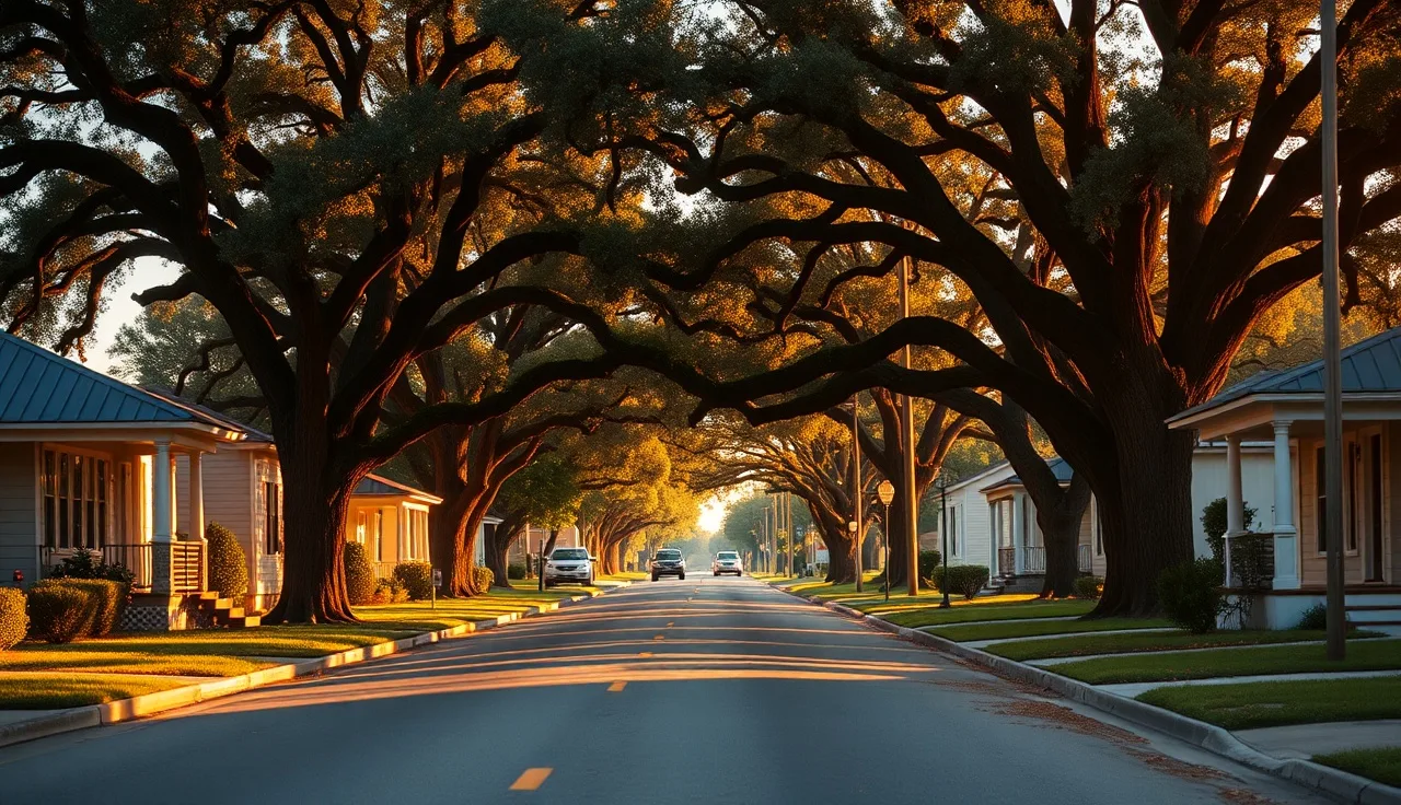 Residential street in Port Allen Louisiana with modest homes and oak trees