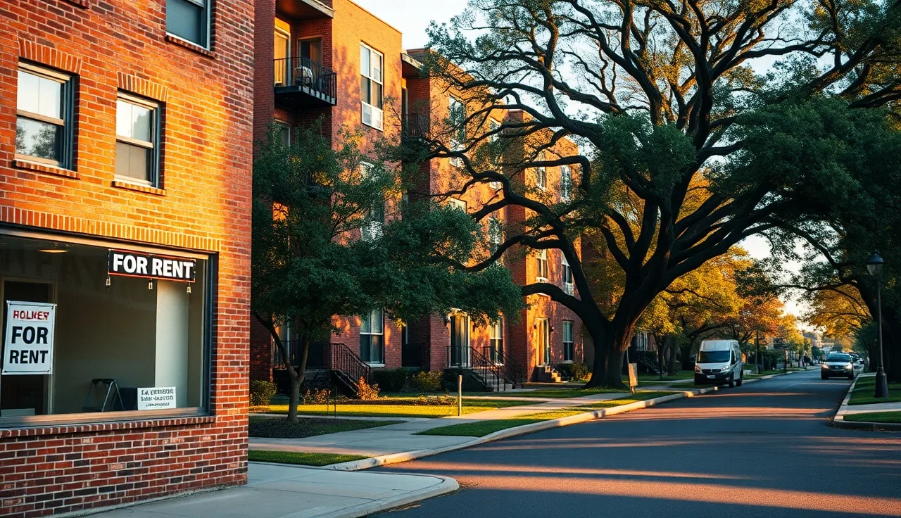 Red-brick Louisville apartment building on a tree-lined street in late afternoon light