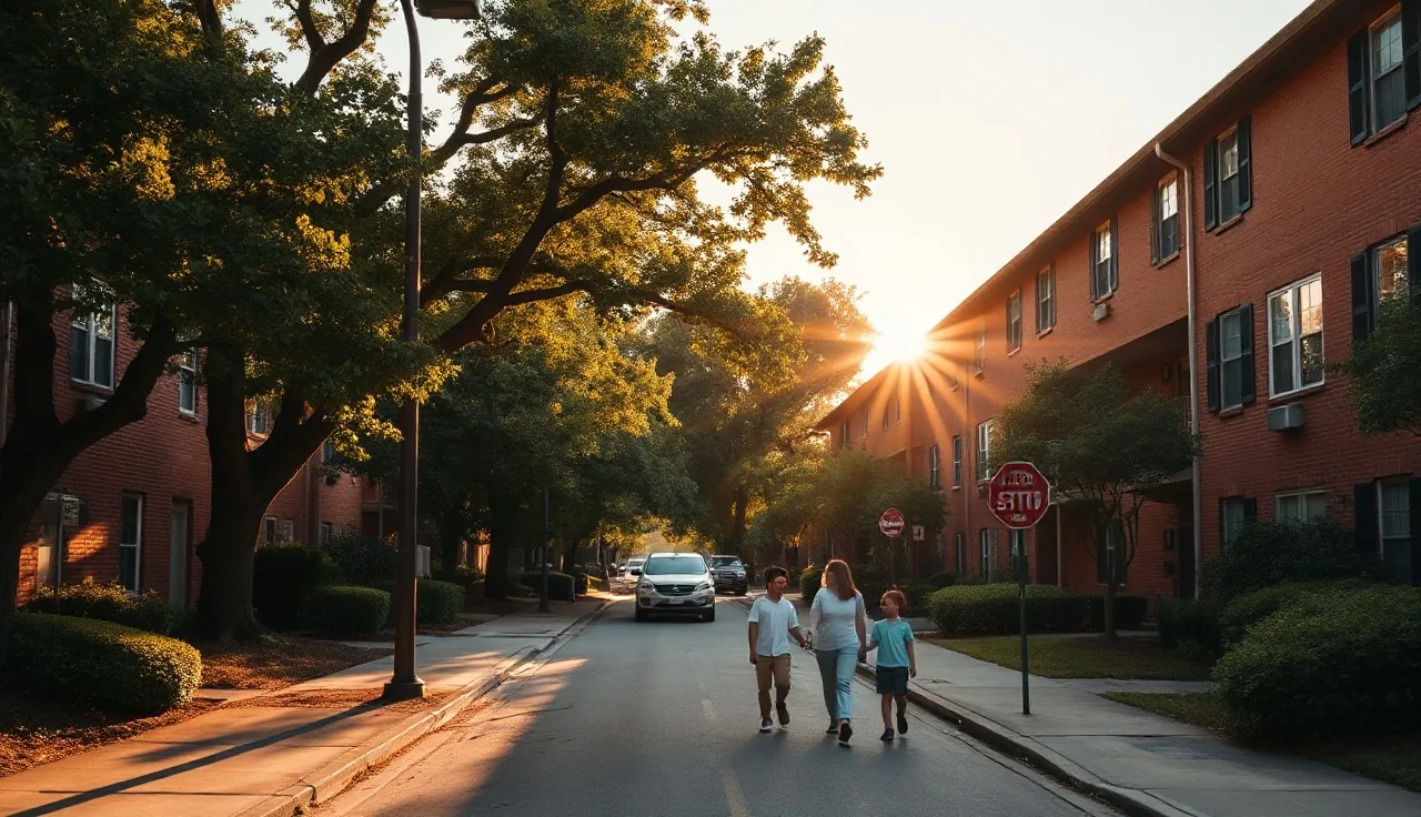 Brick apartment buildings on a sunlit Atlanta residential street with oak trees