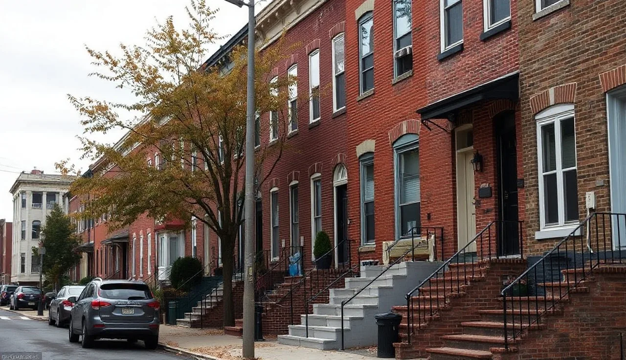 Brick row houses on a Baltimore residential street in autumn light