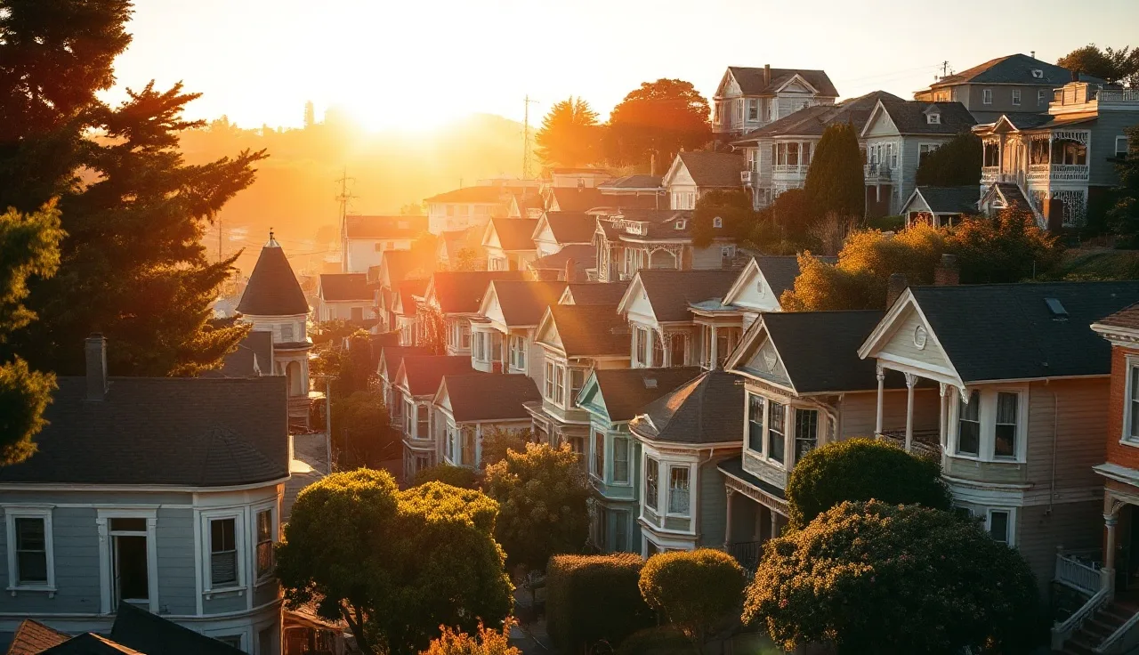 Rows of colorful Victorian homes on a hilly Bay Area street at golden hour