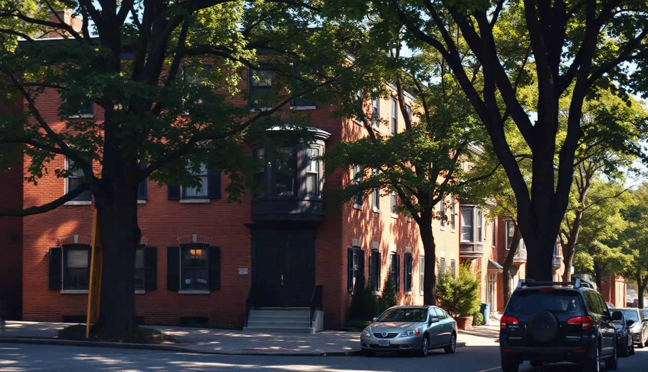 Brick apartment building on a tree-lined Boston neighborhood street