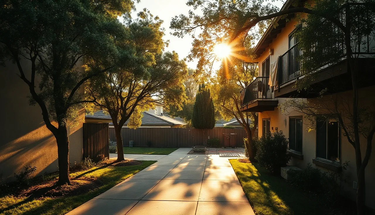 Sunlit courtyard of a California affordable housing apartment complex in the afternoon