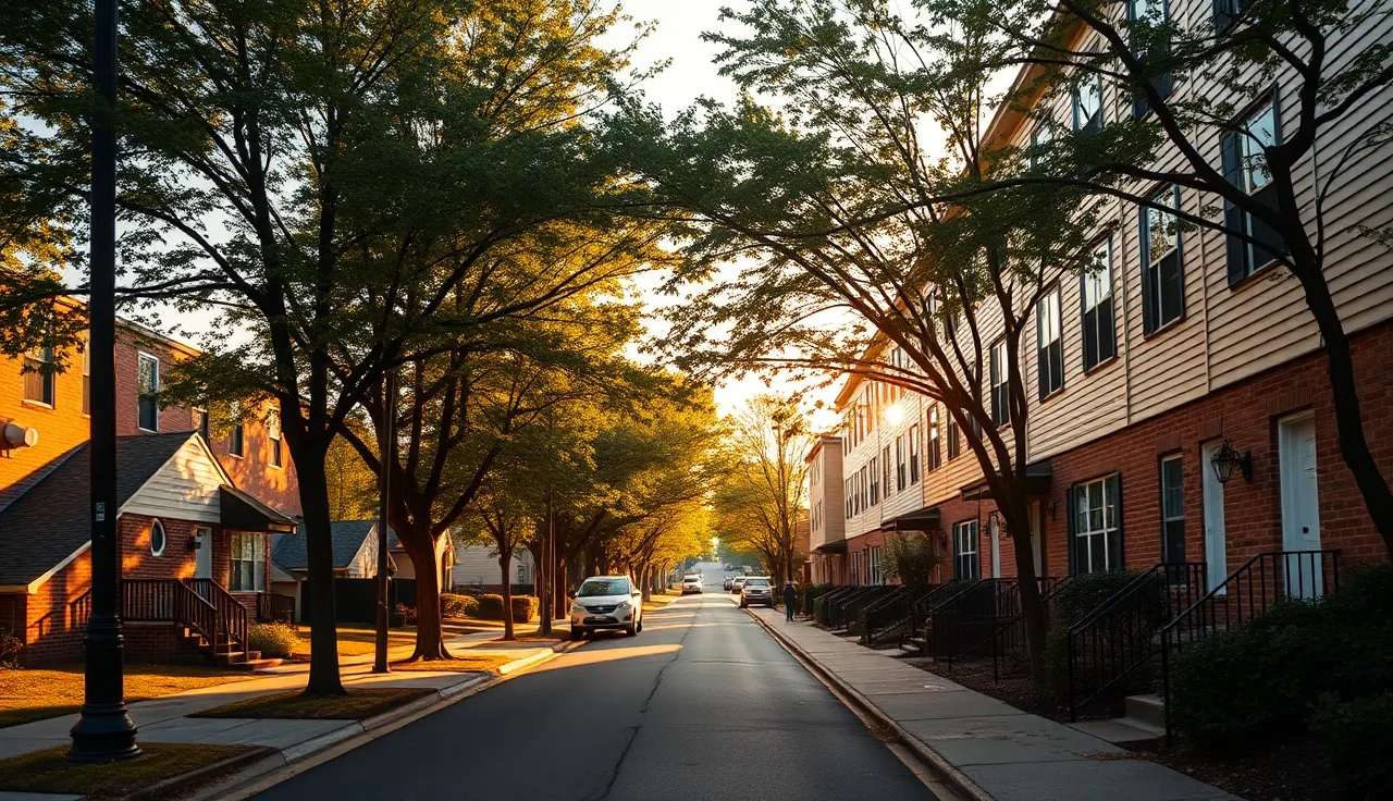 Quiet Charlotte NC residential street with modest apartment buildings at golden hour