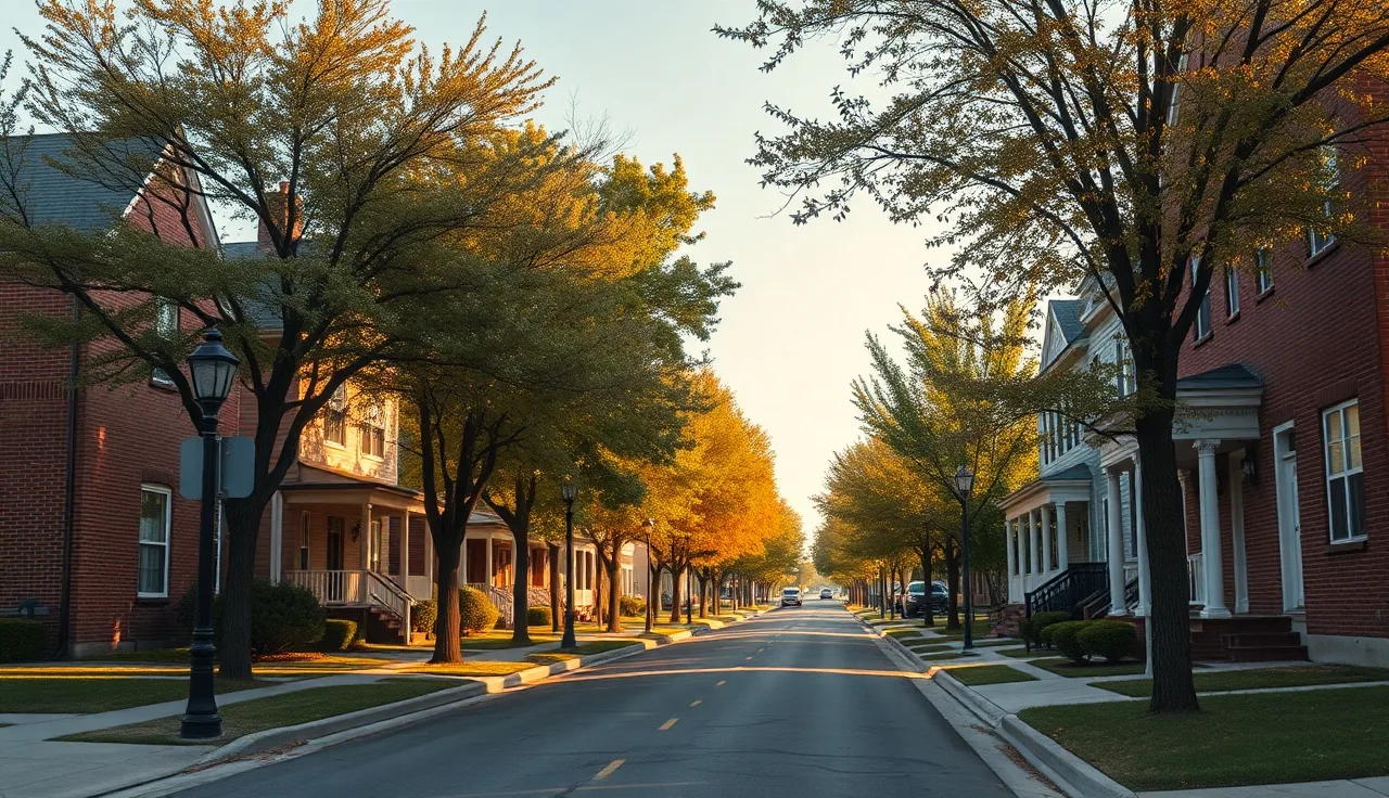 Quiet residential street with brick homes and autumn trees in Cleveland