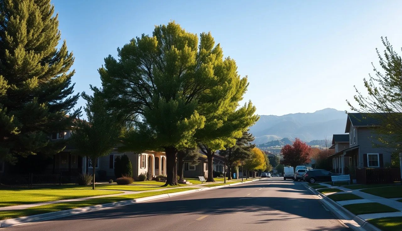Quiet residential street in Colorado Springs with mountains visible in the background