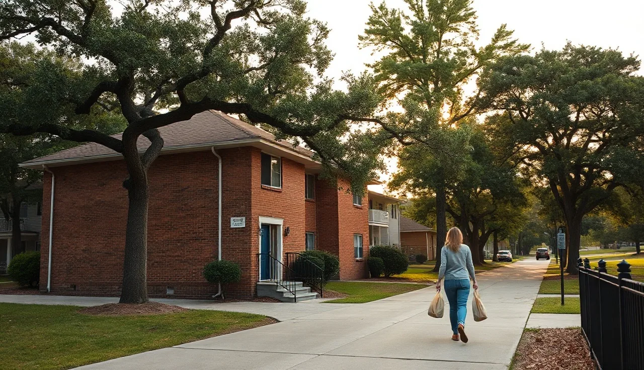 Affordable apartment complex in Columbia South Carolina with resident approaching entrance