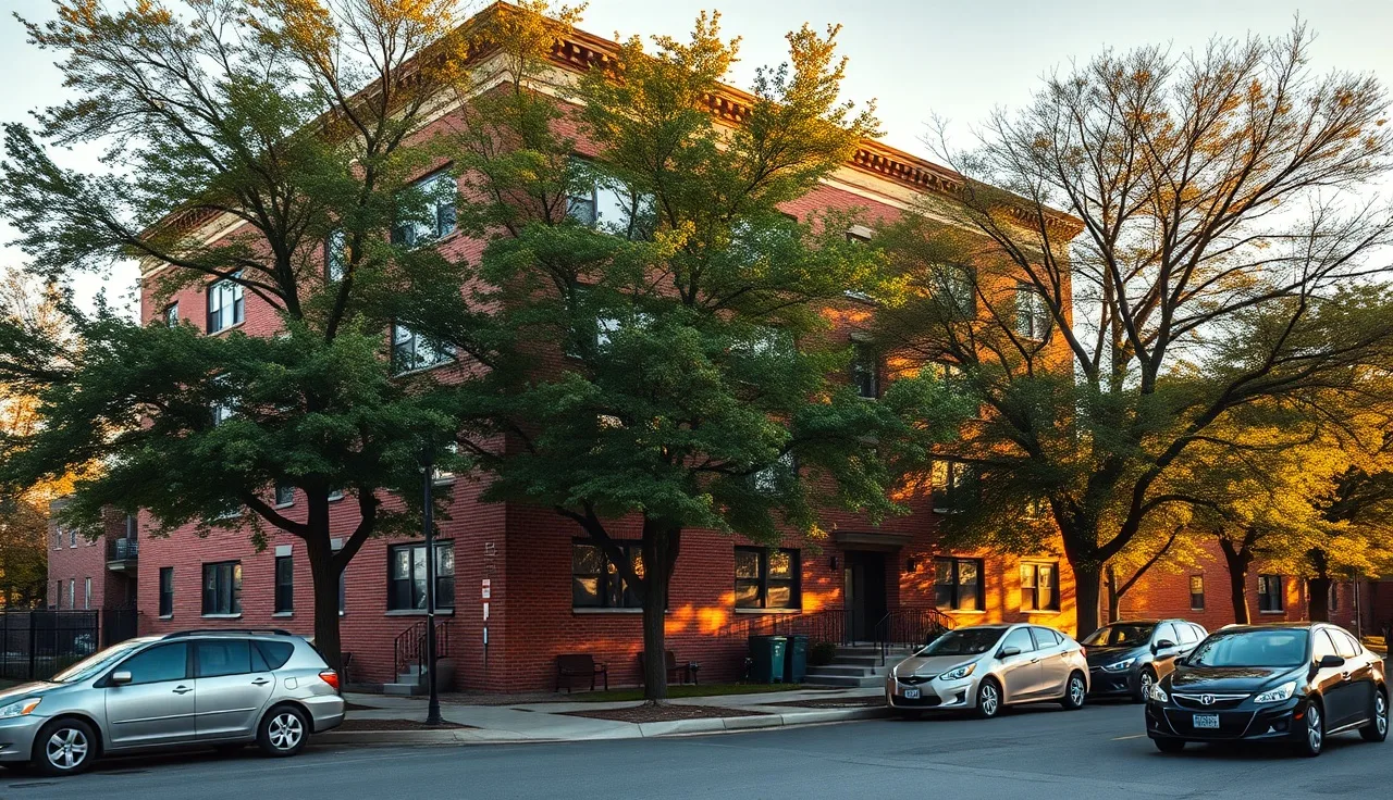 Brick apartment building on a tree-lined Columbus Ohio neighborhood street