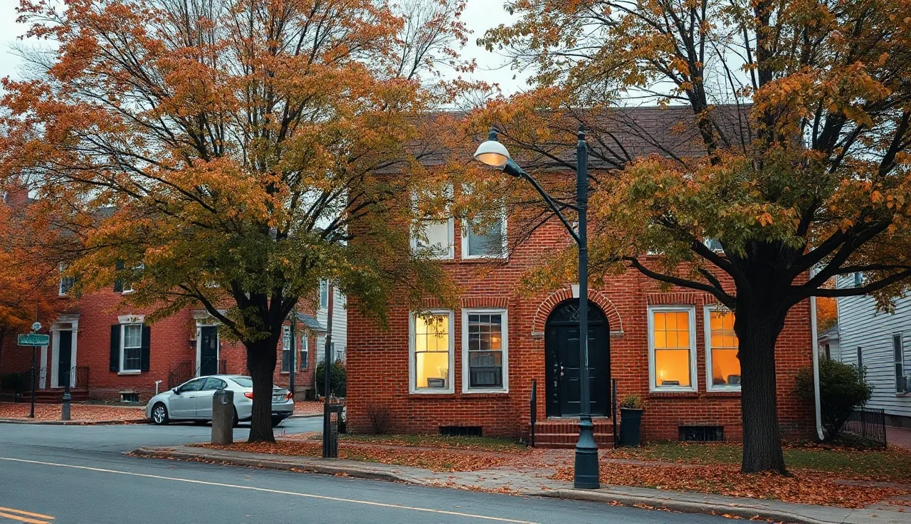 Brick apartment building on a residential Wilmington Delaware street in autumn