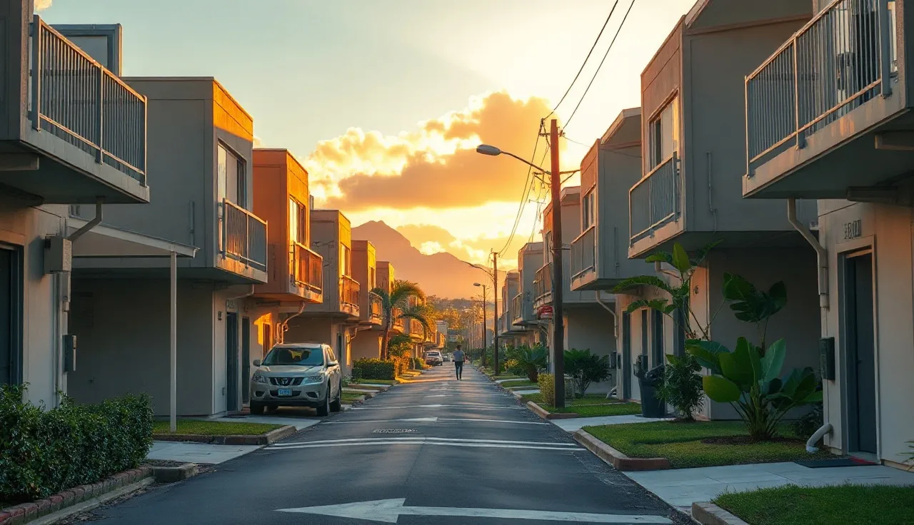 Low-rise apartment buildings on a Honolulu street with mountains in background