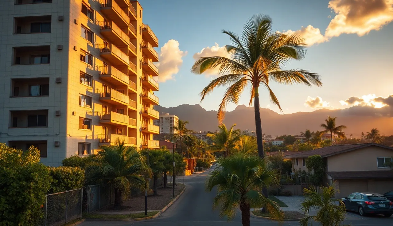 Residential apartment building in Honolulu neighborhood at golden hour with mountains behind