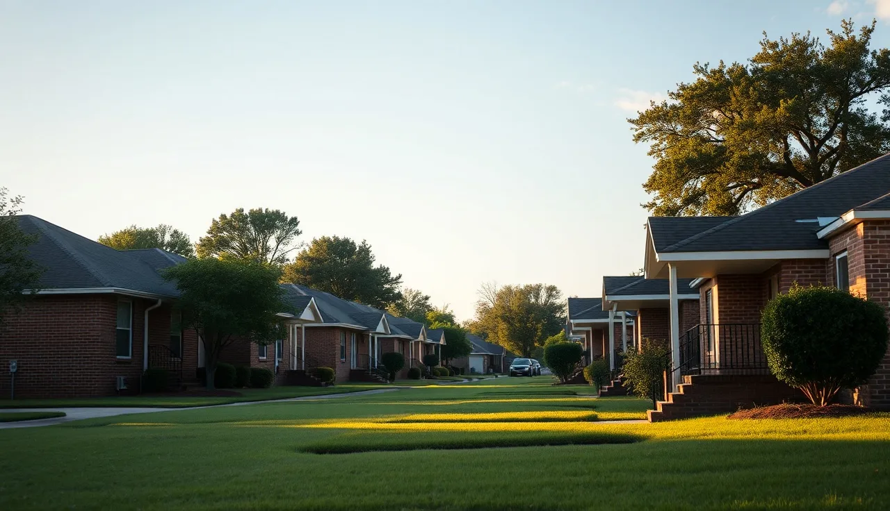 Modest brick rental homes on a Houston residential street in afternoon light