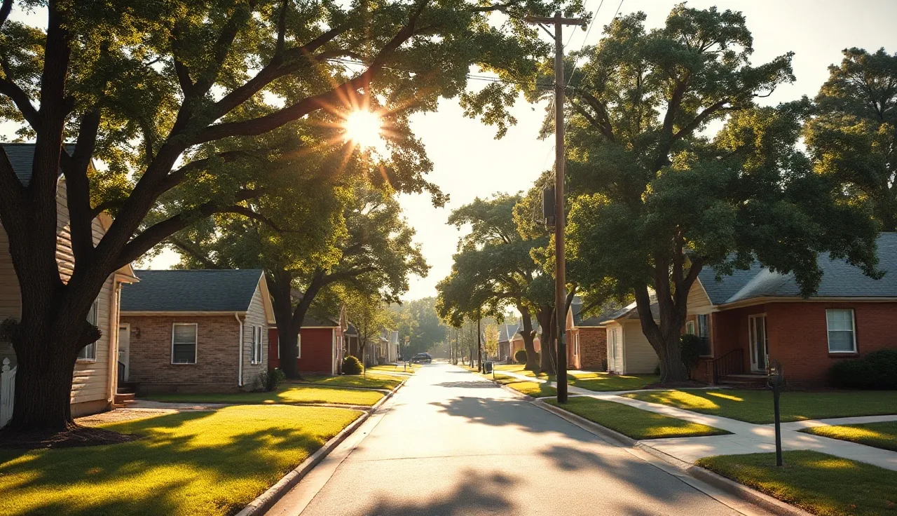 Quiet residential street with brick homes in a small Virginia town