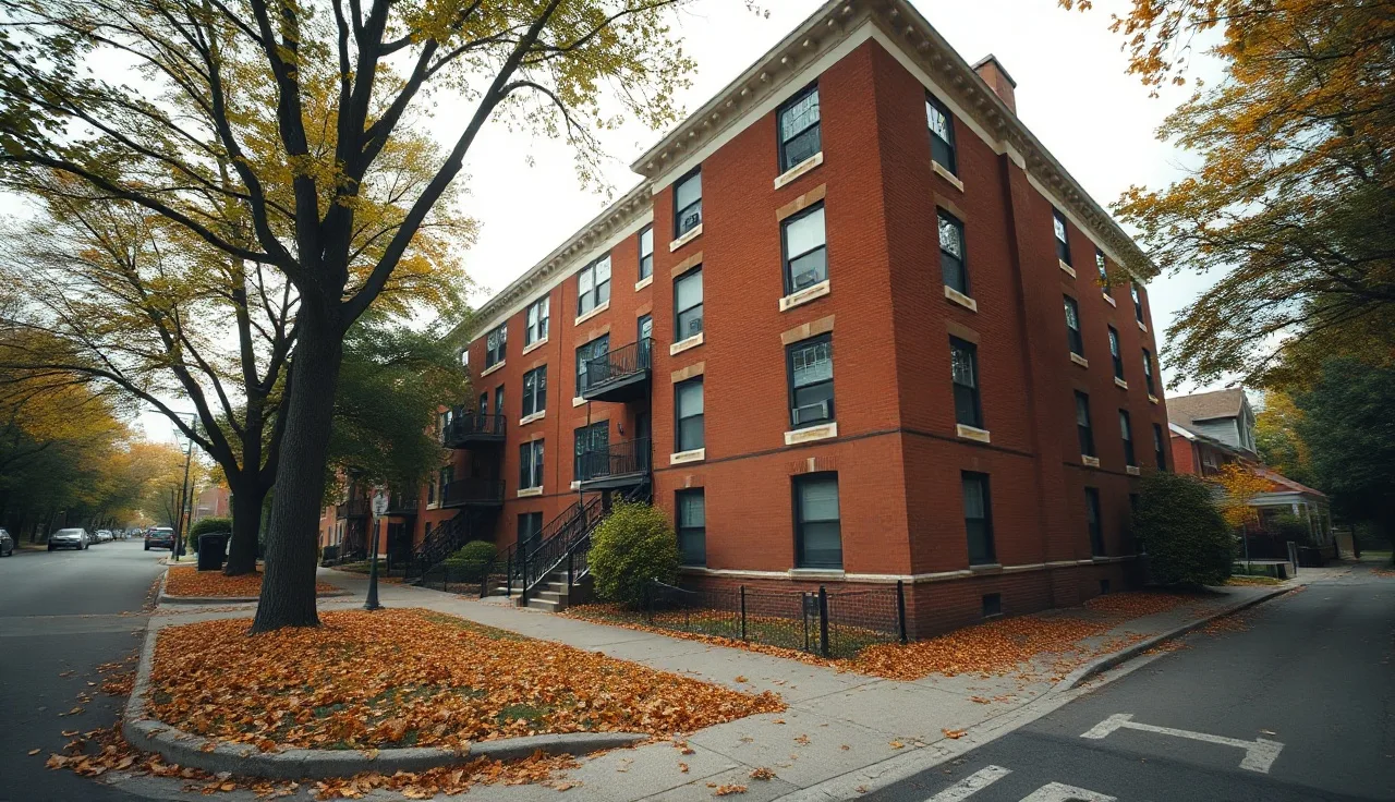 Brick apartment building on a quiet Connecticut street surrounded by autumn trees