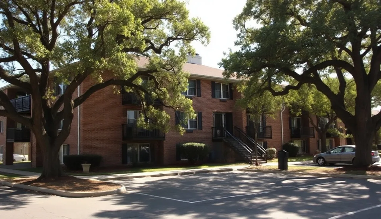 Brick apartment building in North Carolina with oak trees on a sunny day